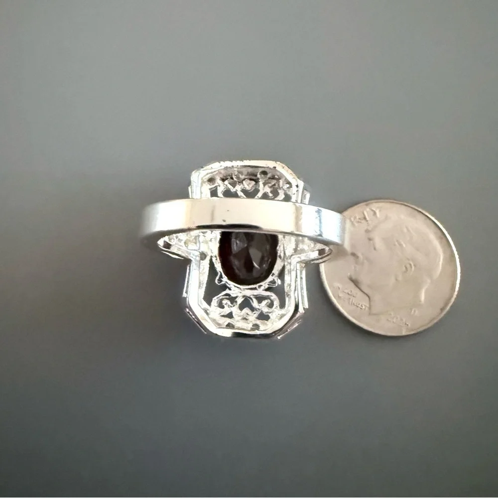 Filigree Statement Ring 925 Sterling Silver Ring Red Crystal  SZ 8 NWOT 7.5 GR
